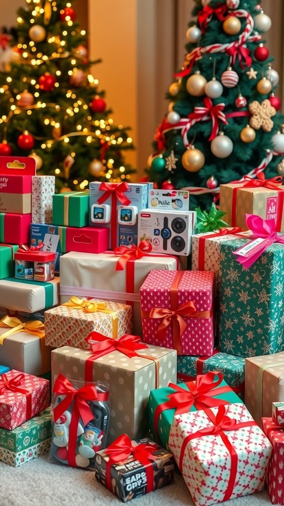 A collection of beautifully wrapped Christmas gifts in a festive setting.